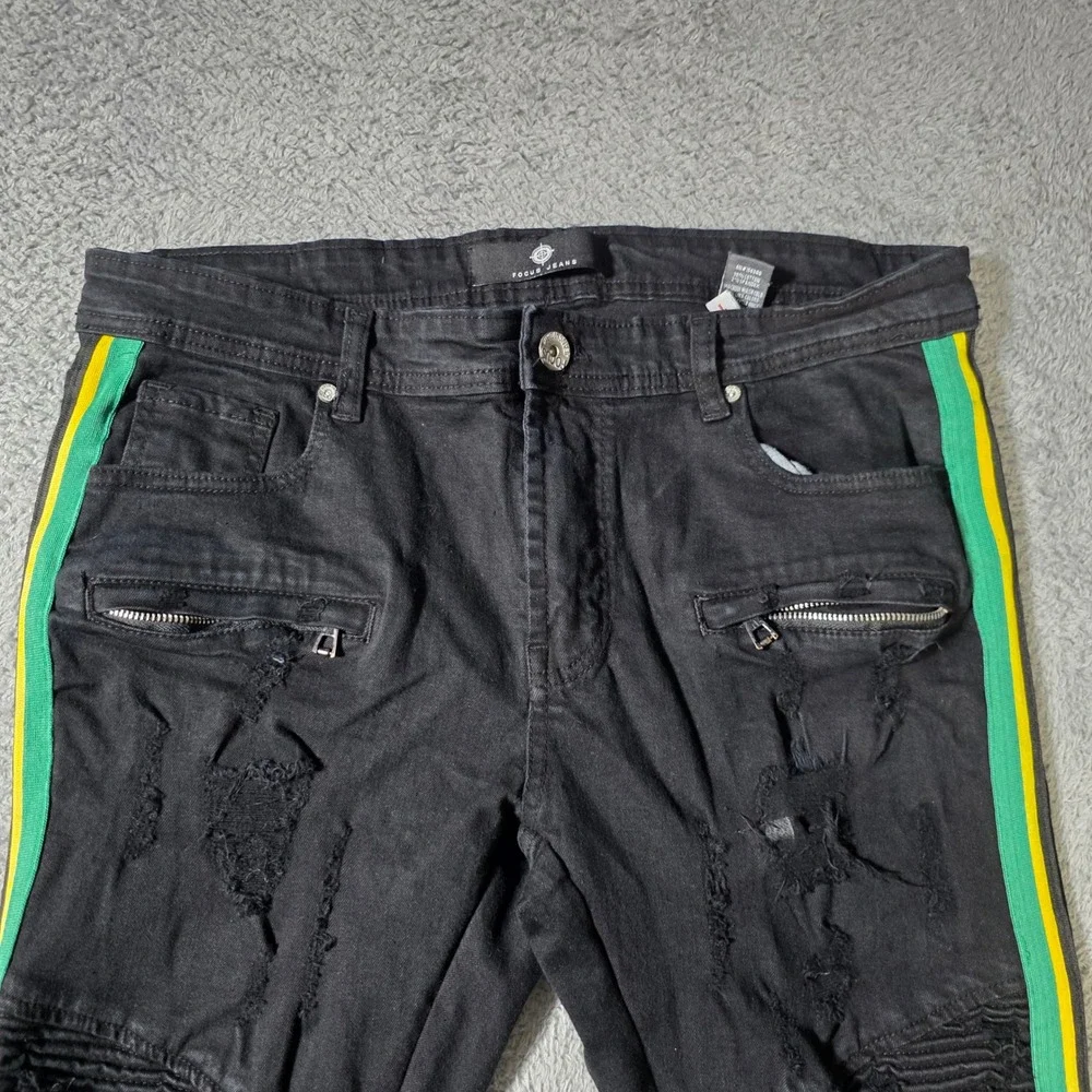 Focus Jeans Mens 36x34 Moto Biker Slim Black Distressed Green Yellow Side Stripe